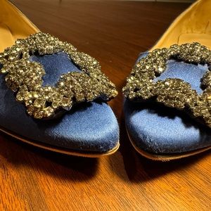 Manolo Blahnik Hangisiflat Blue Satin Jewel Buckle